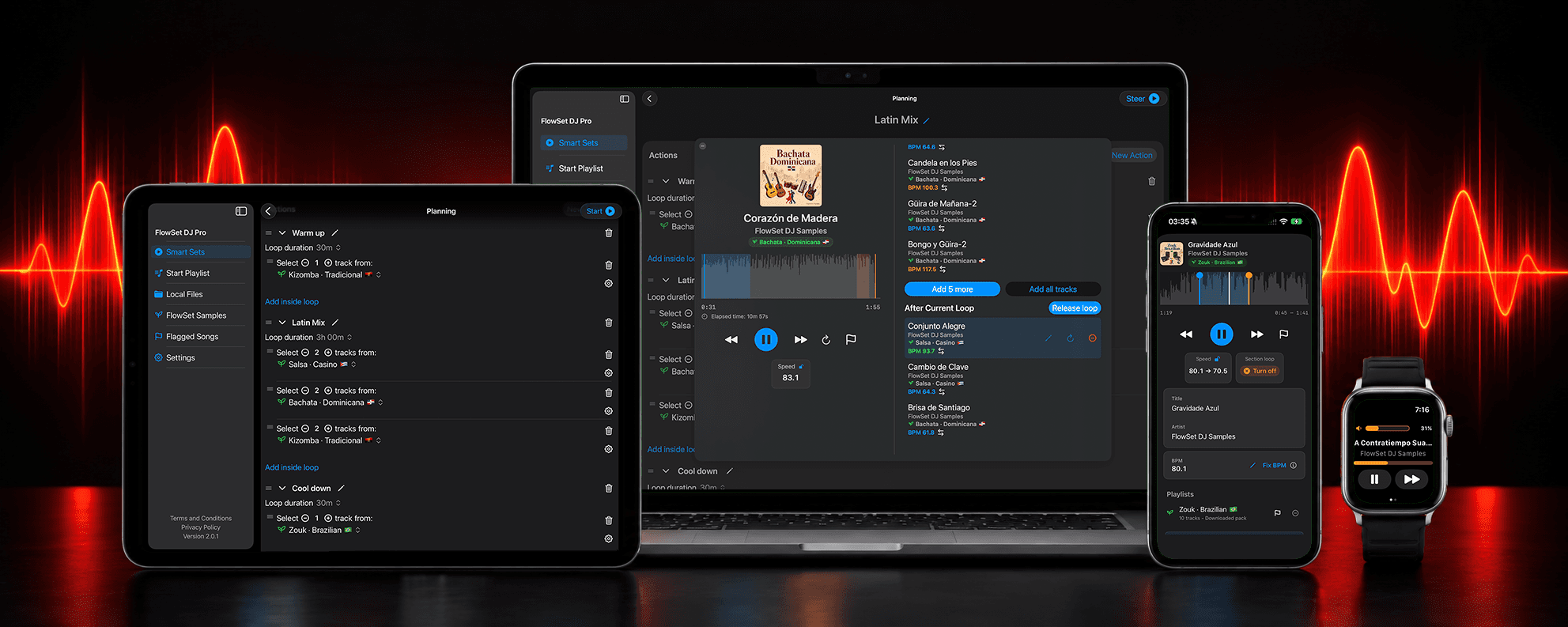FlowSet DJ with section-loop practice on Mac, set playback on iPad and iPhone, and Apple Watch playback controls.