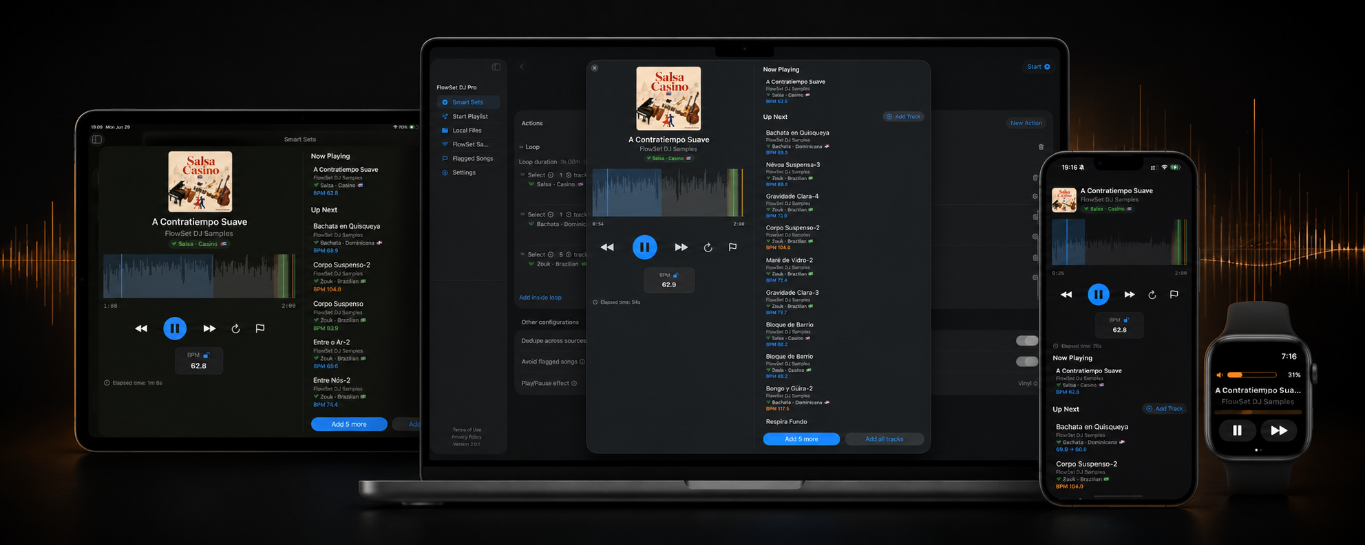 FlowSet DJ playing a smart set across Mac, iPad, iPhone, and Apple Watch.